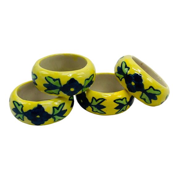 Pier 1 Ceramic Napkin Rings Yellow Blue Floral Set of 4 Hand Painted Cottagecore - Picture 1 of 5
